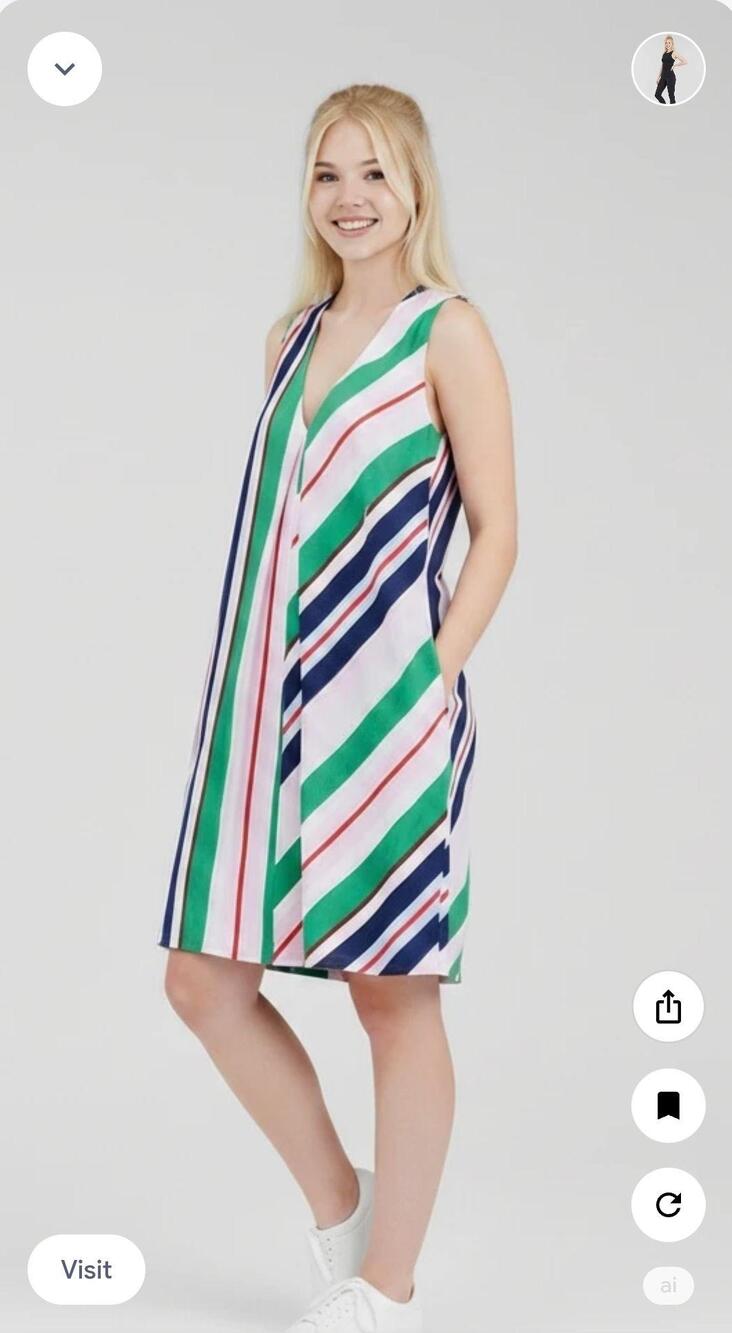Ted Baker Dress Womens 0 Multicolor Stripe V-Neck Sleeveless Swing Pockets